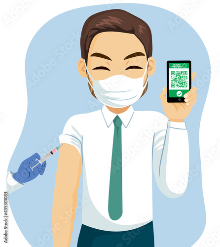 Happy businessman wearing face mask holding covid pass app on smartphone Covid-19 Vaccination Health Passport concept