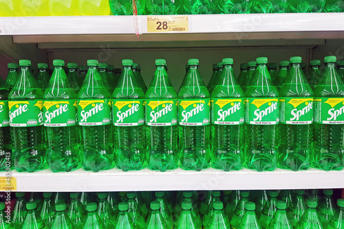 BANGKOK, THAILAND - may 28, 2020: Sprite soft drink on the shelves in the mall in Bangkok, Thailand.
