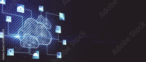 Cloud service and internet of things concept with dark blank wallpaper with digital cloud symbol and technological icons. 3D rendering, mockup