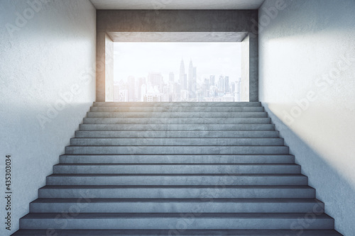 Level up concept with abstract city skyscrapers at the end of stairs in abstract building