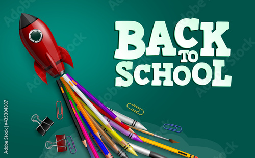 Back to school vector design. Back to school text with educational study elements like color pencil, crayon and clips in rocket toy launch for education activity background. Vector illustration
