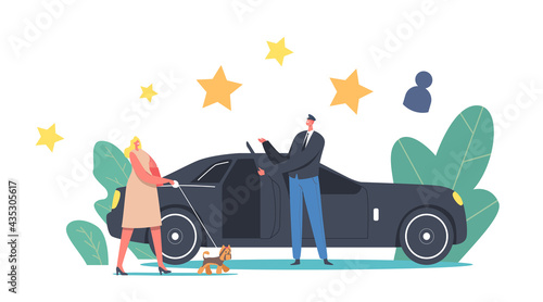 VIP Character with Dog on Leash Enter Limousine with Driver Open Door. Celebrity or Very Important Person Lifestyle