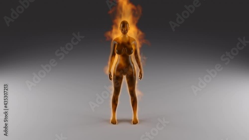 Black 3D model of woman body with realistic fire. Burning woman. 4K rendering