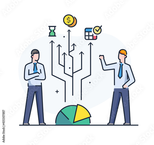 businessmen are looking for a financial strategy. Workflow, growth, graphics. Business development, milestones. linear illustration Icons infographics. Landing page site print poster