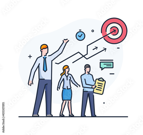 businessmen are looking for ways of strategic development. Workflow, growth, graphics. Business development, milestones. linear illustration Icons infographics. Landing page site print poster
