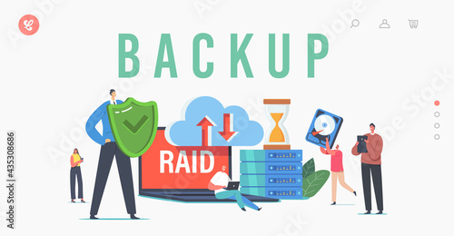 Backup Landing Page Template. Characters in Data Center around Laptop with RAID, Redundant Array of Independent Disks