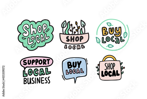 Buy Local, Support Small Business Isolated Icons in Doodle Style with Green Leaves and Shopping Bag, Farmer Production