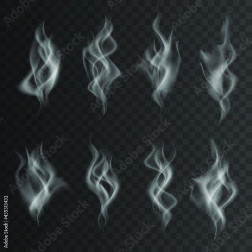 Isolated collection of white smoke on the dark background. Vector illustration.