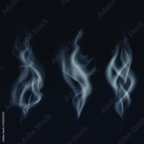Isolated collection of white smoke on the dark background. Vector illustration.