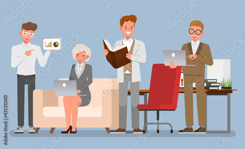 Concept of business training. Businessmen and businesswomen character vector design.