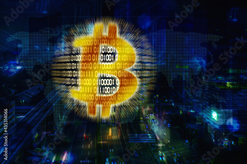 Bitcoin symbol in cyberspace background