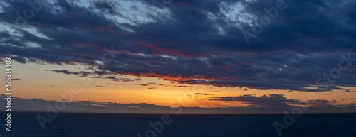 An evening cloudscape panorama with vivid colors in the sky and dark clouds.