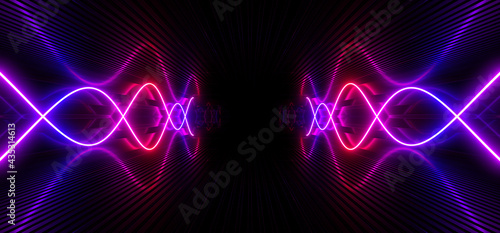 Sci Fy neon lamps in a dark hall. Reflections on the floor and walls. 3d rendering image.