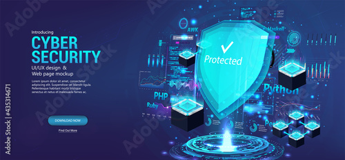 Cyber security and safety data concept. Large shield protects  blockchain servers and online servers, internal network, big data Made on any software from viruses, DDoS, hacker attacks. Vector