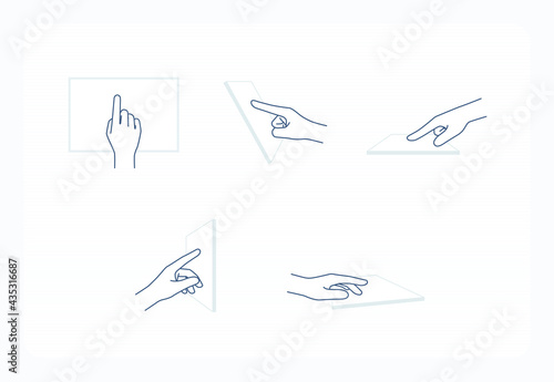 hand gesture line icons: touching screen, pointing finger, tapping hand sign. editable stroke vector illustration