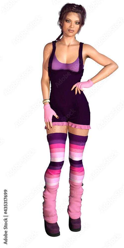 Biracial girl in fun outfit with leggings. 3D Render.