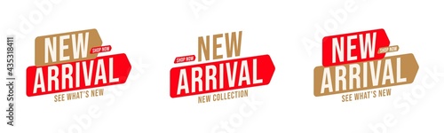 New collection arrival badge for retail shopping purchase. Sticker template set with announcement accent on product status and condition. Vector illustration isolated on white background