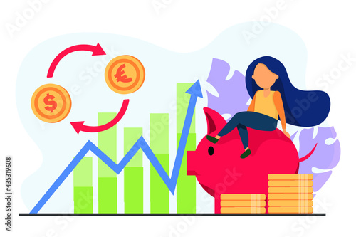Business woman and graph. Investment profits illustration. Change money. Dollars and euros. Income growth. Flat vector illustration.  