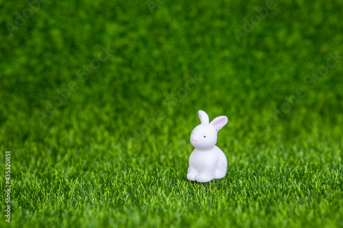 White rabbit on artificial grass background