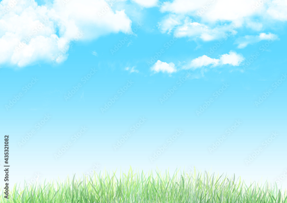 青空と雲と草原の背景(横長)