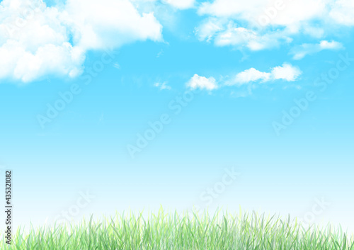 青空と雲と草原の背景(横長)