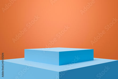 Blue 3D rendering of stage podium pedestal on orange background abstract.