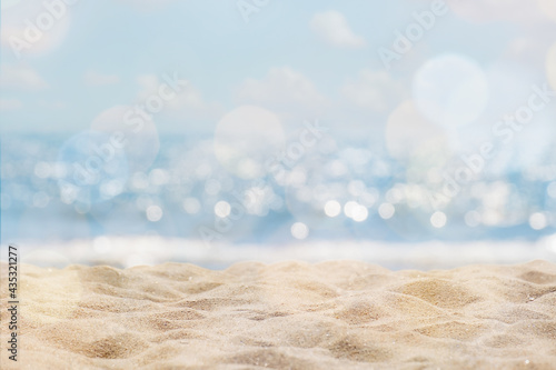 Abstract seascape with sand, tropical beach background. blur bokeh light of calm sea and sky. summertime vacation background concept.