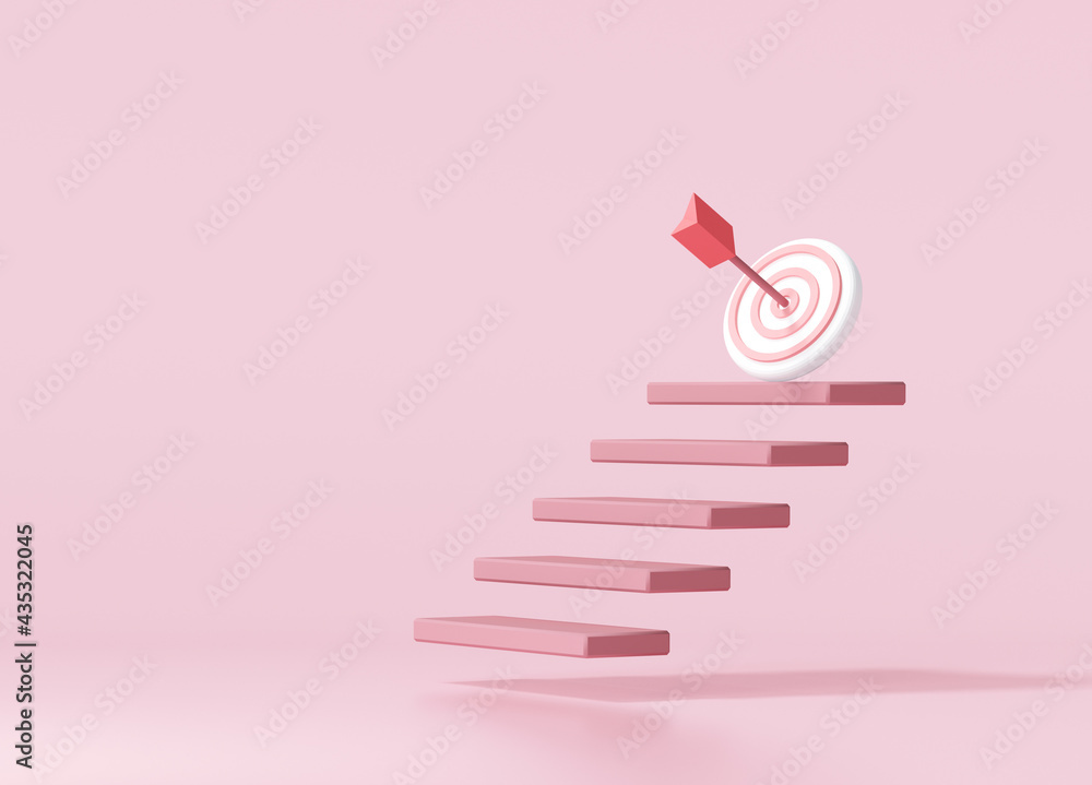 Red arrow hit the center of target on top of the staircase. business strategy and target achievement concept.3d render illustration - obrazy, fototapety, plakaty 
