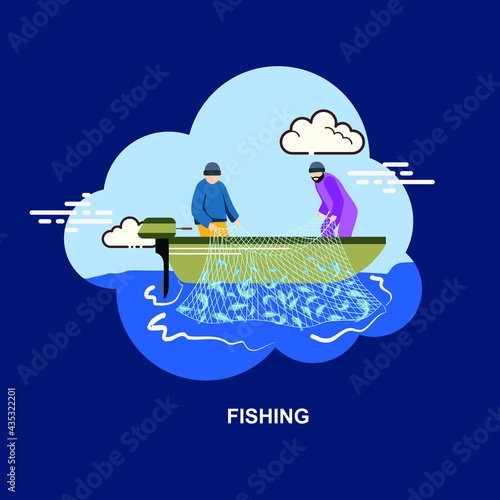Fishing on a boat with fish caught in fishing net with two guys pulling the net into boat on blue background flat concept design