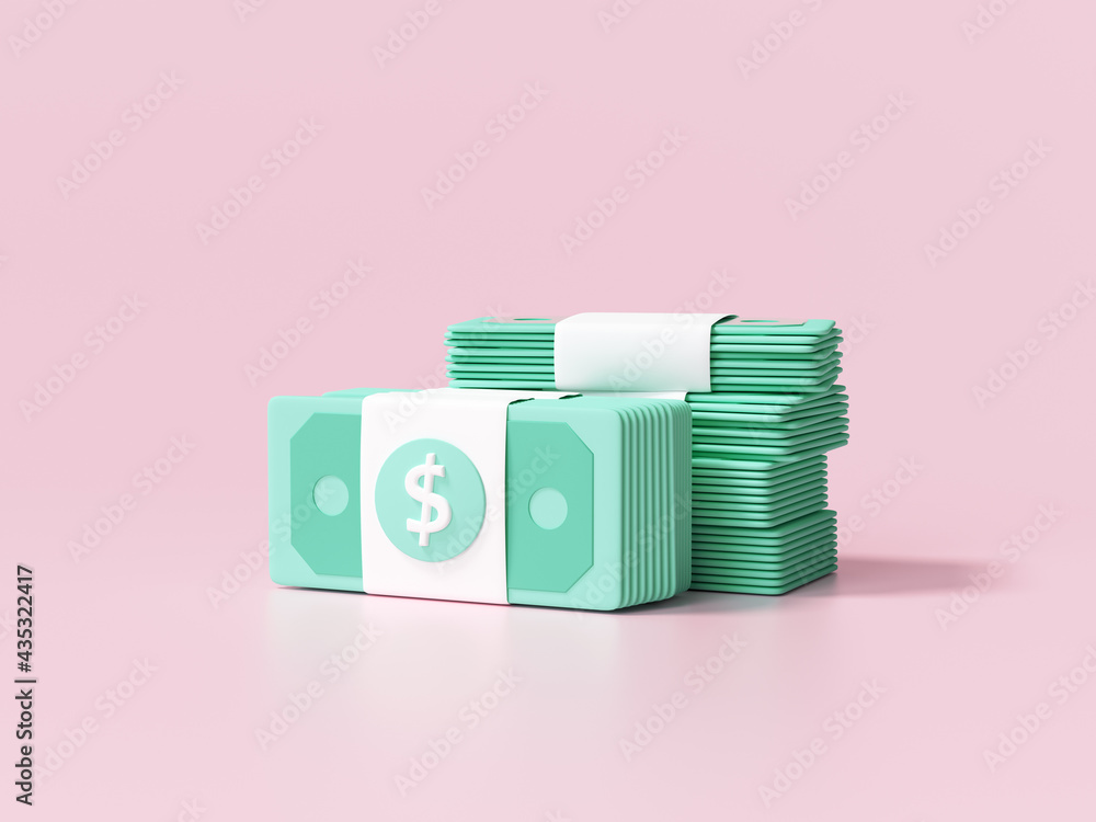 Bundle of money, banknote on pink background, business investment profit, money saving concept. 3d render illustration - obrazy, fototapety, plakaty 