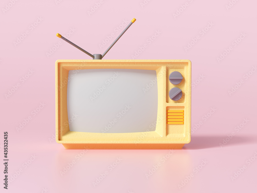 3D Yellow Retro Old Television on pink background, Vintage analog TV