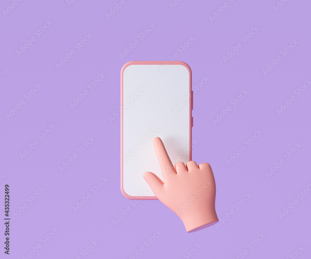 3D Cartoon hand holding smartphone isolated on purple background, Hand using mobile phone mockup. 3d render illustration 3D Cartoon hand holding smartphone isolated on purple background, Hand using mobile phone mockup. 3d render illustration