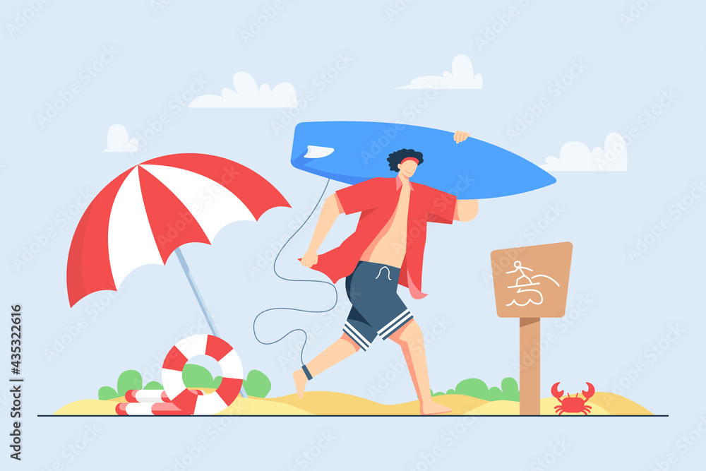 Boy goes surfing at the beach during summer holiday vector illustration scene
