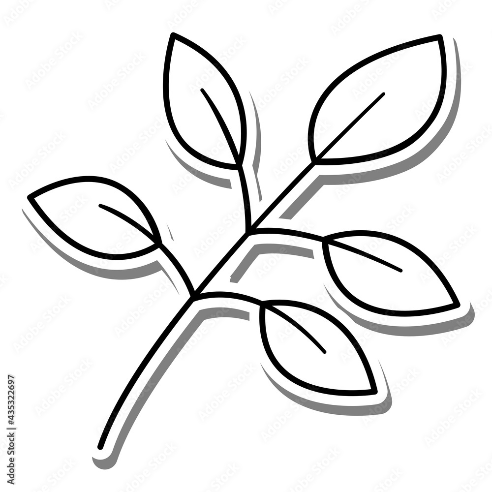 Black line cartoon simple five leaves on white silhouette and gray shadow. Icon Emoji for decoration or any design. Vector illustration of nature.