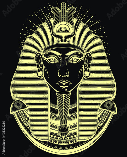 Hand-drawn vintage illustration of the ancient Egyptian Pharaoh's head. Tattoo art, graphic, t-shirt design, postcard, poster design, coloring books. Tutankhamen mask. Vector illustration.