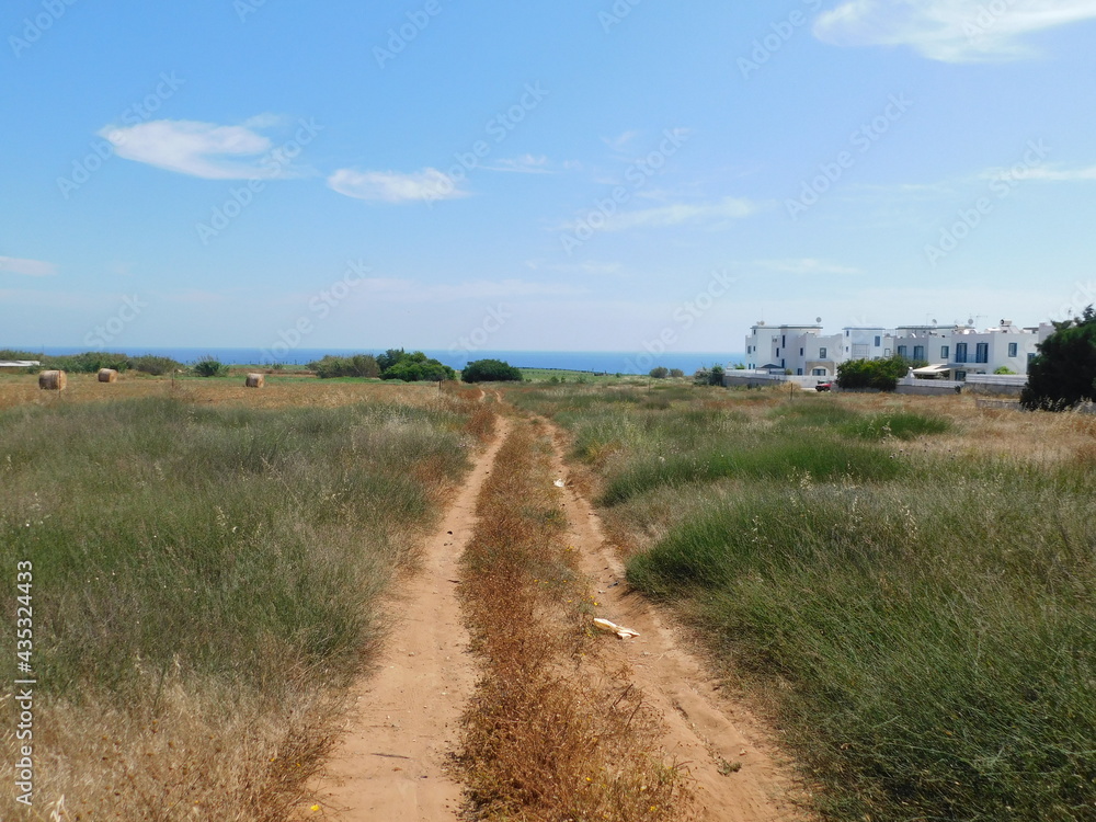 Summer landscape with green grass, road and clouds. Protaras. Ayia Napa. Cyprus.