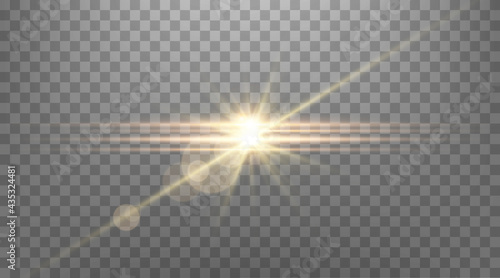 Gold horizontal lens flare..Isolated on transparent background. Sun flash with rays or gold spotlight and bokeh. Yellow glow flare light effect. Vector illustration.