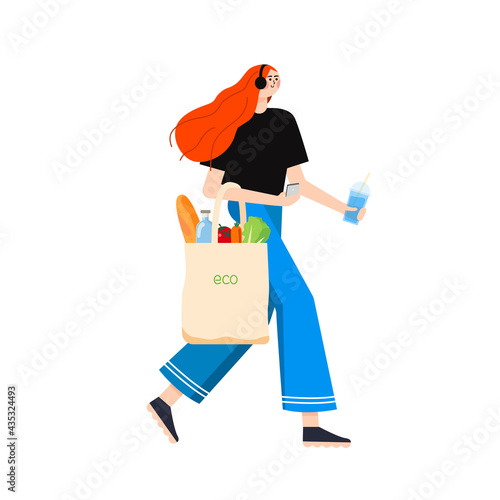 Vector image of a walking with healthy food in a reusable fabric bag. The concept of living without waste and preserving the environment. Zero waste, trending trends