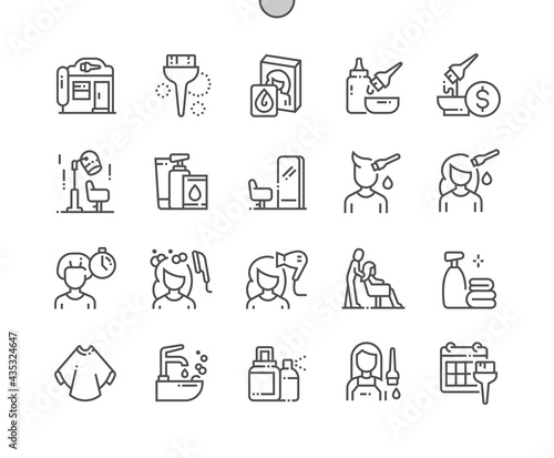 Hair dyeing. Hairdressing tools. Shampoo and towel. Barber, salon, haircare, barbershop, stylist, hairstyle and beauty. Pixel Perfect Vector Thin Line Icons. Simple Minimal Pictogram