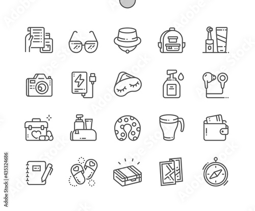 Travel accessories. Glasses, earbuds, sanitizer, sleeping mask, first aid kit and other. Traveler, leisure, essentials, lifestyle. Pixel Perfect Vector Thin Line Icons. Simple Minimal Pictogram