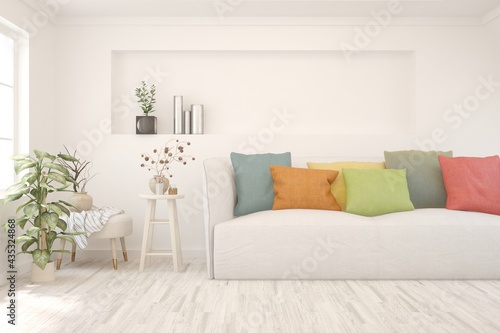 Idea of white minimalist room with sofa. Scandinavian interior design. 3D illustration