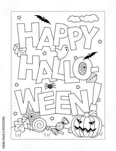 "Happy Halloween!" greeting coloring page, poster, sign or banner black and white activity sheet 

