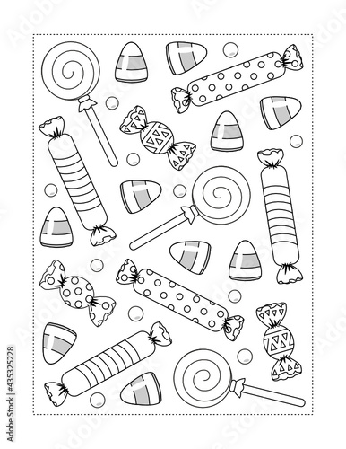 Halloween candy coloring page, poster, sign or banner black and white activity sheet 
