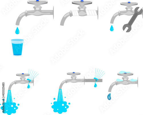 シンプルな水道の蛇口と水のイラストセット