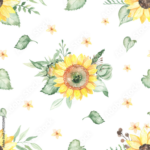 Watercolor seamless pattern with bouquets of sunflowers, flowers, buds, leaves, branches on a white background