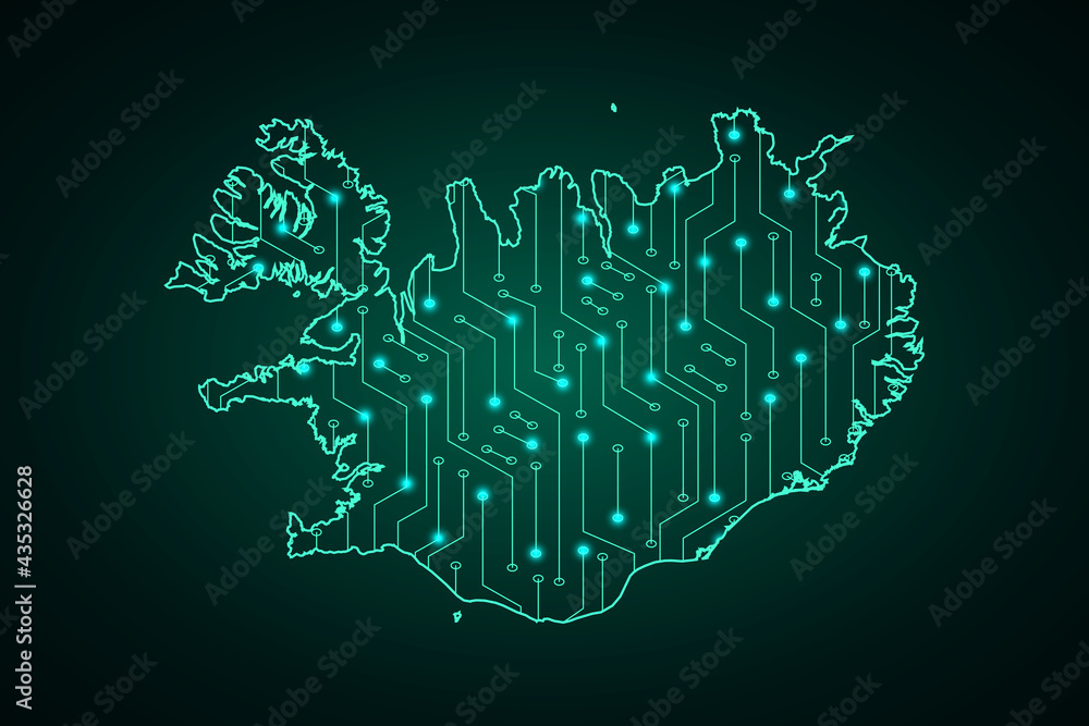 Map of Iceland, network line, design sphere, dot and structure on dark background with Map Iceland, Circuit board. Vector illustration. Eps 10 Map of Iceland, network line, design sphere, dot and structure on dark background with Map Iceland, Circuit board. Vector illustration. Eps 10