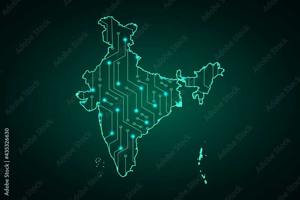Map of India, network line, design sphere, dot and structure on dark background with Map India, Circuit board. Vector illustration. Eps 10