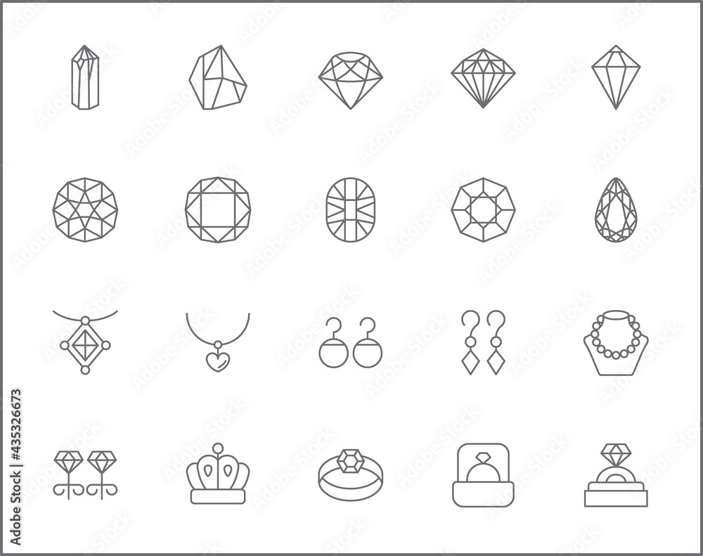 Set of gem and jewelry line style. It contains such Icons as gemstone, diamond, crystal, pear, ring crown, Earring, Brooch and other elements. customize color, easy resize.