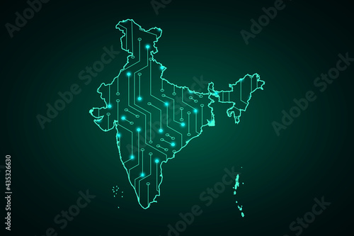 Map of India, network line, design sphere, dot and structure on dark background with Map India, Circuit board. Vector illustration. Eps 10