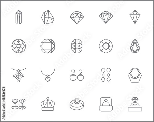 Set of gem and jewelry line style. It contains such Icons as gemstone  diamond  crystal  pear  ring crown  Earring  Brooch and other elements. customize color  easy resize.